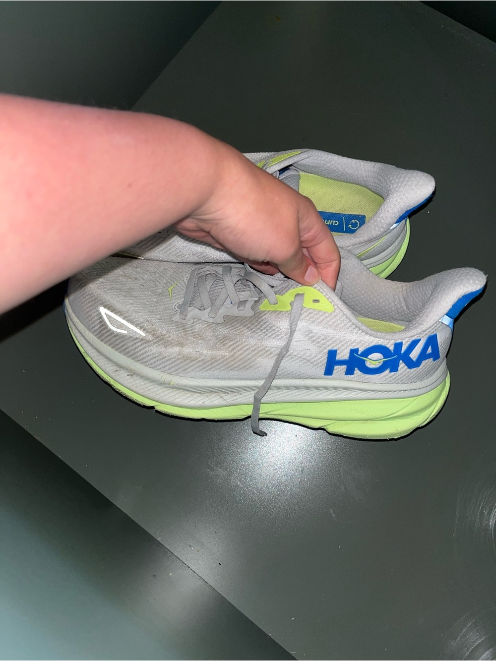Clifton Hoka One One Men's Running Shoes - White, Neon Yellow & Blue size 12